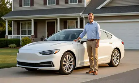 Customer with their delivered car in Elkins, West Virginia, United States