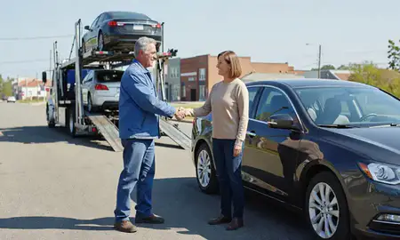 Vehicle owner beside their delivered car in Elkins, West Virginia, United States
