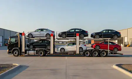Car transporter parked in an industrial area of Elkins, West Virginia, United States