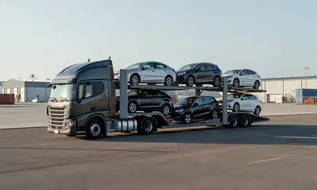 Car transporter loaded with vehicles in Elkins, West Virginia, United States