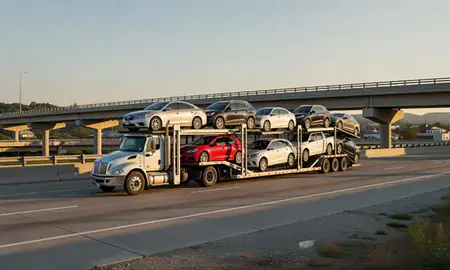 Car transporter with the Elkins, West Virginia, United States skyline behind it