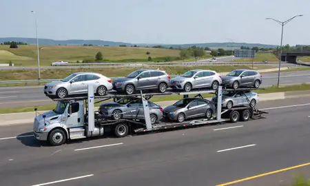 Multi-level car carrier on the highway to Fairmont, West Virginia, United States