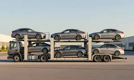 Car transporter parked in an industrial area of Fairmont, West Virginia, United States