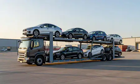 Car transporter loaded with vehicles in Fairmont, West Virginia, United States