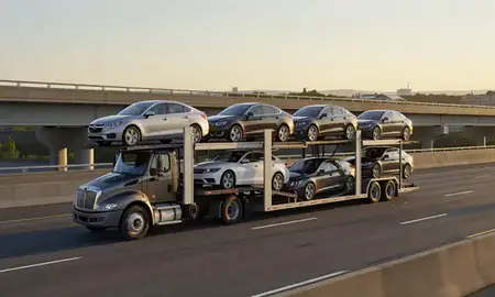 Car transporter with the Fairmont, West Virginia, United States skyline behind it