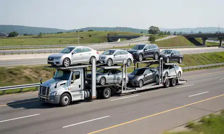 Multi-level car carrier on the highway to Huntington, West Virginia, United States