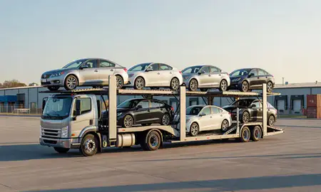 Car transporter loaded with vehicles in Huntington, West Virginia, United States