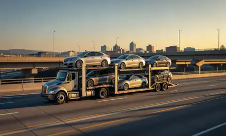 Car transporter with the Huntington, West Virginia, United States skyline behind it