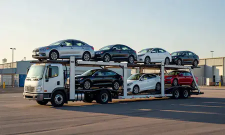 Car transporter loaded with vehicles in Hurricane, West Virginia, United States