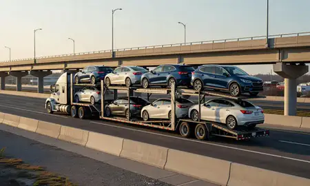 Car transporter with the Hurricane, West Virginia, United States skyline behind it