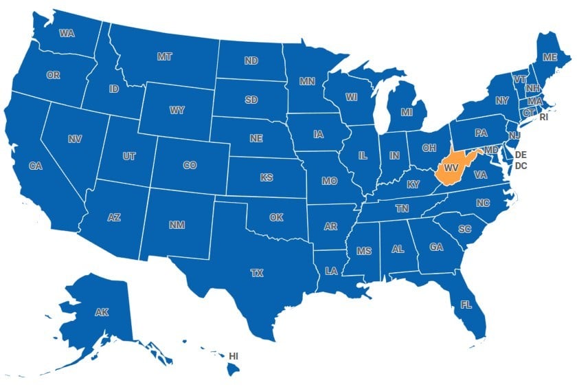 Map of West Virginia, USA