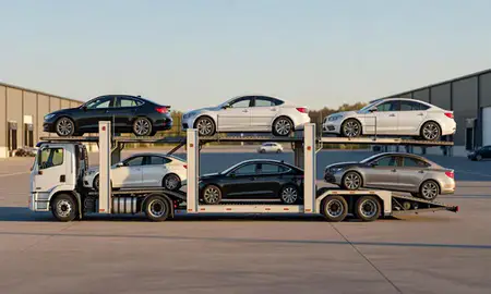 Car transporter parked in an industrial area of Martinsburg, West Virginia, United States