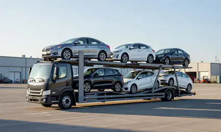 Car transporter loaded with vehicles in Martinsburg, West Virginia, United States