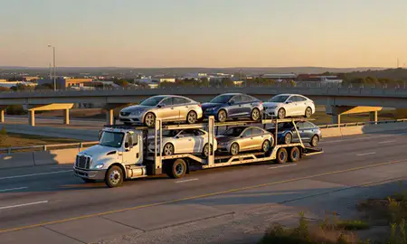 Car transporter with the Martinsburg, West Virginia, United States skyline behind it