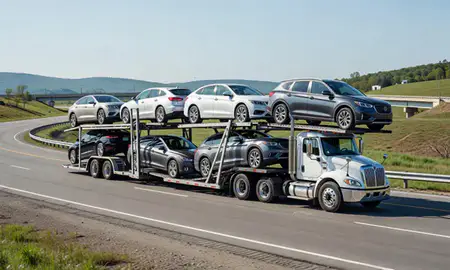 Multi-level car carrier on the highway to Morgantown, West Virginia, United States