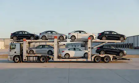 Car transporter parked in an industrial area of Morgantown, West Virginia, United States