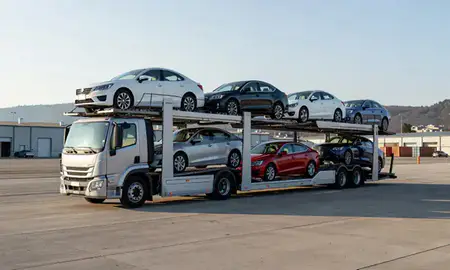 Car transporter loaded with vehicles in Morgantown, West Virginia, United States