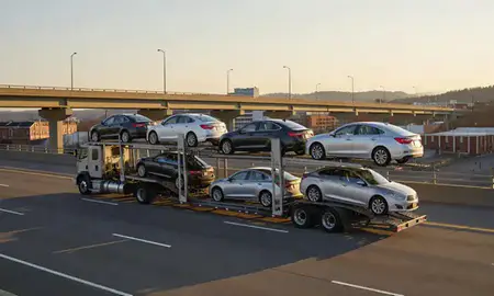 Car transporter with the Morgantown, West Virginia, United States skyline behind it