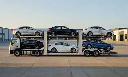 Car transporter parked in an industrial area of Moundsville, West Virginia, United States