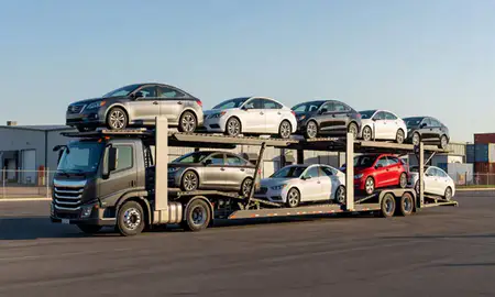 Car transporter loaded with vehicles in Moundsville, West Virginia, United States