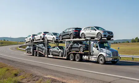 Multi-level car carrier on the highway to New Martinsville, West Virginia, United States