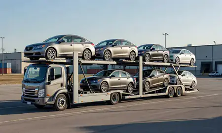 Car transporter loaded with vehicles in New Martinsville, West Virginia, United States