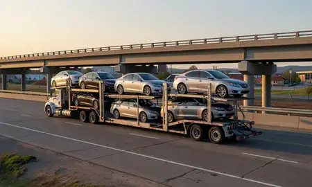 Car transporter with the New Martinsville, West Virginia, United States skyline behind it