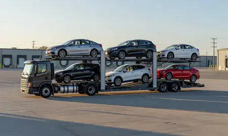 Car transporter loaded with vehicles in Nitro, West Virginia, United States