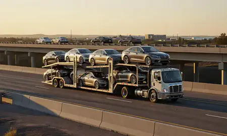 Car transporter with the Nitro, West Virginia, United States skyline behind it
