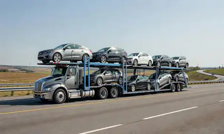 Multi-level car carrier on the highway to Oak Hill, West Virginia, United States