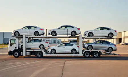 Car transporter parked in an industrial area of Oak Hill, West Virginia, United States