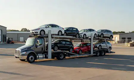 Car transporter loaded with vehicles in Oak Hill, West Virginia, United States