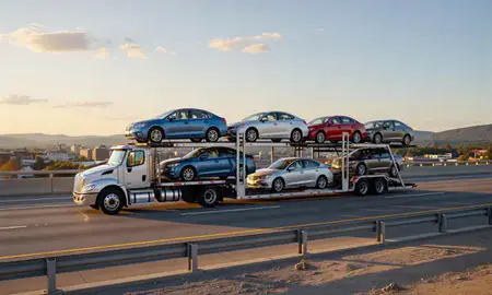 Car transporter with the Oak Hill, West Virginia, United States skyline behind it
