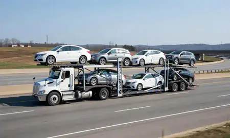 Multi-level car carrier on the highway to Parkersburg, West Virginia, United States