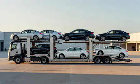 Car transporter parked in an industrial area of Parkersburg, West Virginia, United States