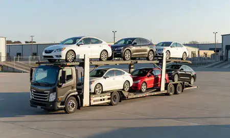 Car transporter loaded with vehicles in Parkersburg, West Virginia, United States