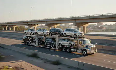 Car transporter with the Parkersburg, West Virginia, United States skyline behind it