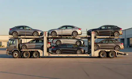 Car transporter parked in an industrial area of Pea Ridge, West Virginia, United States