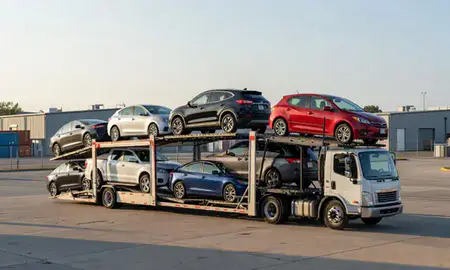 Car transporter loaded with vehicles in Pea Ridge, West Virginia, United States
