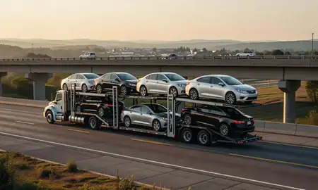 Car transporter with the Pea Ridge, West Virginia, United States skyline behind it
