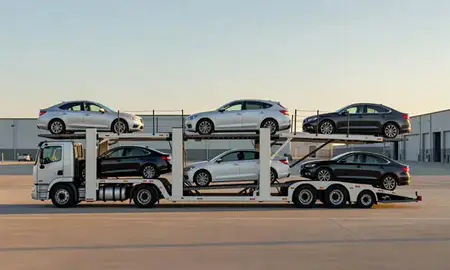 Car transporter parked in an industrial area of Princeton, West Virginia, United States