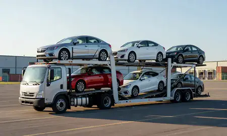 Car transporter loaded with vehicles in Princeton, West Virginia, United States