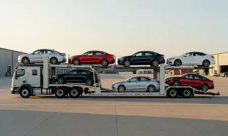 Car transporter parked in an industrial area of Ranson, West Virginia, United States