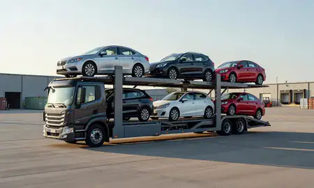 Car transporter loaded with vehicles in Ranson, West Virginia, United States