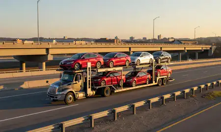Car transporter with the Ranson, West Virginia, United States skyline behind it