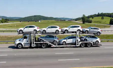 Multi-level car carrier on the highway to South Charleston, West Virginia, United States