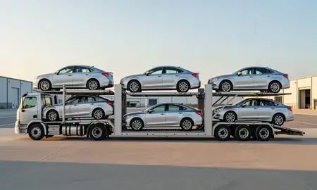 Car transporter parked in an industrial area of South Charleston, West Virginia, United States