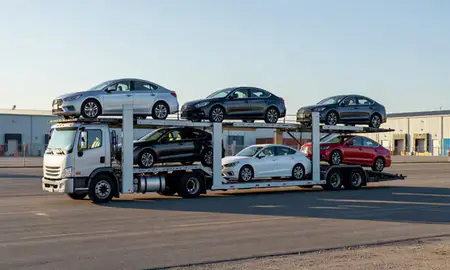Car transporter loaded with vehicles in South Charleston, West Virginia, United States