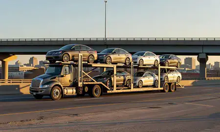 Car transporter with the South Charleston, West Virginia, United States skyline behind it