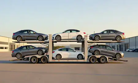 Car transporter parked in an industrial area of St. Albans, West Virginia, United States
